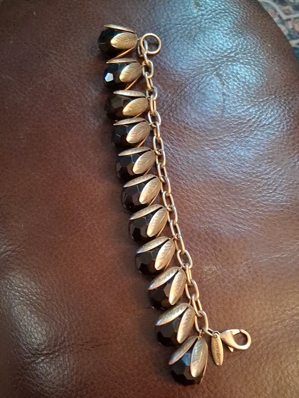 Lenora Dane Gold-Tone Leaf Charm Bracelet with Black Faceted Beads